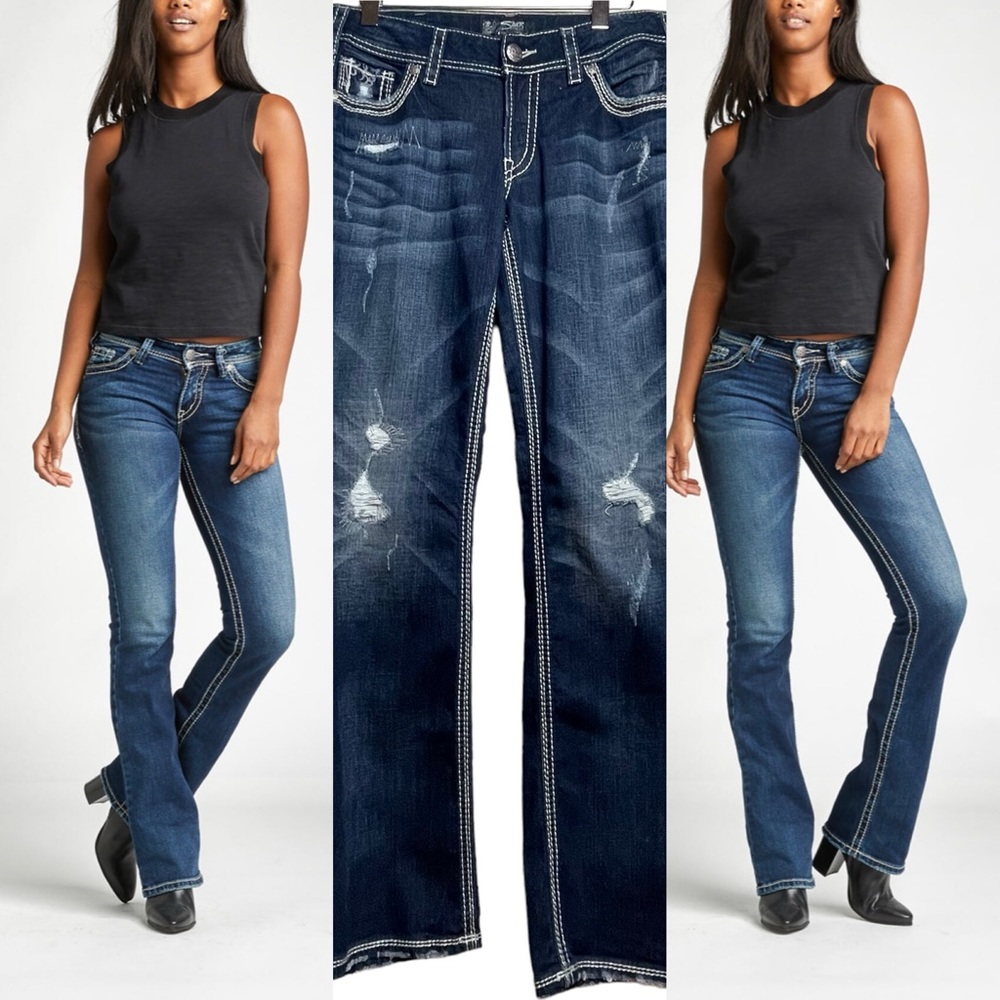 Silver Jeans Women Suki Low Rise Slim Bootcut Med-Dark Wash Distress 30W x33L